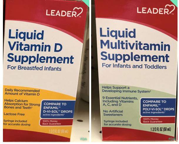 "Leader® Liquid Vitamin D Supplement for Breastfed Infants" and "Leader® Multivitamin Supplement for Infants and Toddlers."