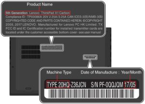 Picture identifying the laptop machine type, serial number, and date of manufacture. (Black model)