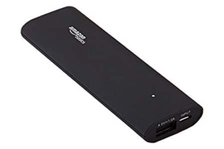 AmazonBasics portable power bank, with product ID number B00LRK8I7O printed on the back of the unit.