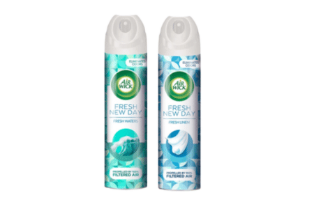 Recalled AirWick Fresh New Day air freshener in Fresh Waters (left, green and white label) and Fresh Linen (right, blue and white label) fragrances in 8oz aerosol cans